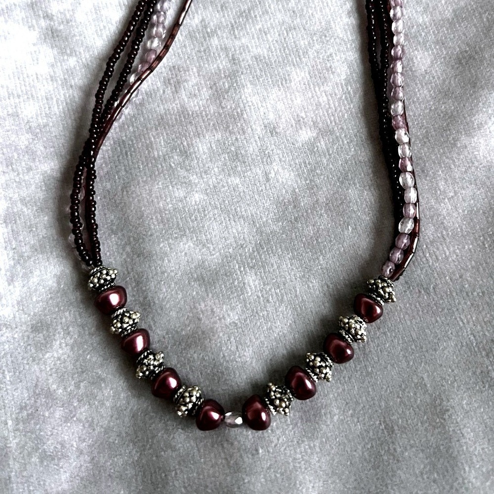 Multi-Strand Purple Beaded Necklace With‎ Silver Accents & Lobster Clasp